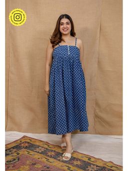 The Indian Ethnic Co. - Blue A-Line Dabu Printed Cotton With Square Neck