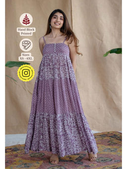 The Indian Ethnic Co. - Lavender A-Line Batik Hand Block Dress With Attached Lining