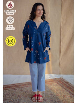 The Indian Ethnic Co. - Blue Loose Ajrakh Hand Block Printed Cotton Short Tunic