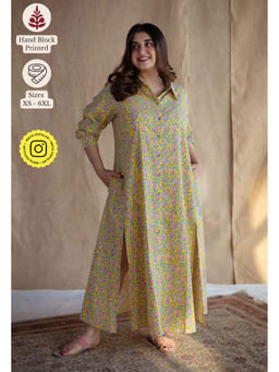 The Indian Ethnic Co. - Yellow A-Line Sanganeri Printed Slub Cotton Dress