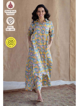 The Indian Ethnic Co. - Multi-Color A-Line Sanganeri Printed Slub Cotton Dress