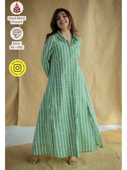 The Indian Ethnic Co. - Green A-Line Batik Printed Slub Cotton Dress