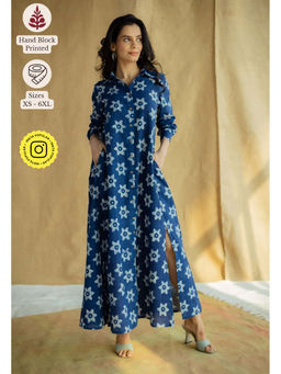 The Indian Ethnic Co. - Navy Blue A-Line Bagru Printed Slub Cotton Dress
