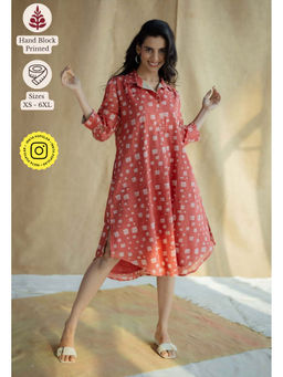 The Indian Ethnic Co. - Coral Loose Batik Printed Mul Cotton Dress