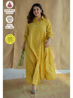 The Indian Ethnic Co. - Yellow A-Line Dabu Printed Slub Cotton Dress