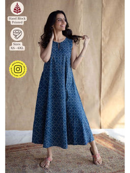 The Indian Ethnic Co. - Navy Blue Ajrakh Printed Cotton A Line Dress