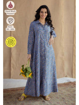 The Indian Ethnic Co. - Blue A-Line Sanganeri Printed Slub Cotton Dress