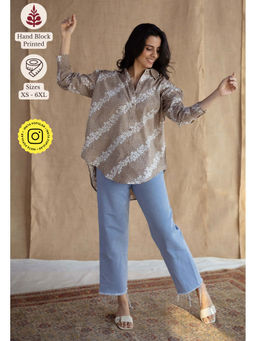 The Indian Ethnic Co. - Beige Loose Batik Hand Block Printed Cotton Shirt