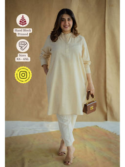 The Indian Ethnic Co. - Yellow A-Line Printed Cotton Mandarin Collar Kurta