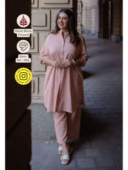 The Indian Ethnic Co. - Peach A-Line Printed Cotton Mandarin Collar Kurta