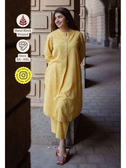 The Indian Ethnic Co. - Yellow A-Line Printed Cotton Embroidered Kurta
