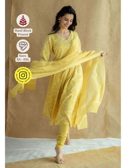 The Indian Ethnic Co. - Yellow Hand block Printed Cotton Kota Doria Dupatta