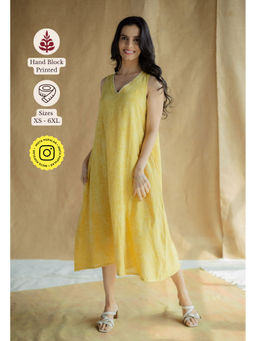 The Indian Ethnic Co. - Yellow A-Line Printed Cotton Embroidered Dress