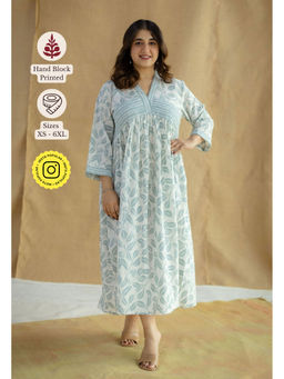 The Indian Ethnic Co. - Sky Blue White A-Line Printed Cotton Dress