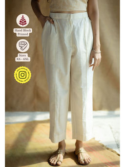 The Indian Ethnic Co. - Off White Solid Slub Cotton Straight Pant