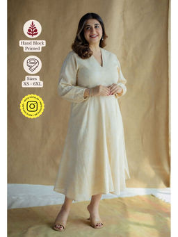 The Indian Ethnic Co. - Cream A-Line Printed Slub Cotton Embroidered Dress