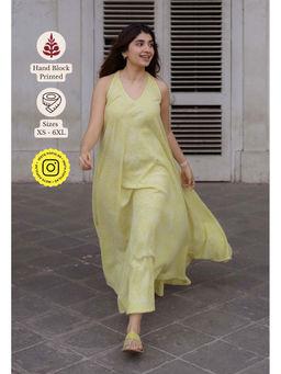 The Indian Ethnic Co. - Lime Green A-Line Printed Slub Cotton Dress