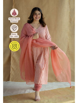 The Indian Ethnic Co. - Coral Hand Block Printed Slub Cotton Kali Kurta