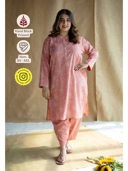 The Indian Ethnic Co. - Coral Hand Block Printed Slub Cotton Embroidered Kurta