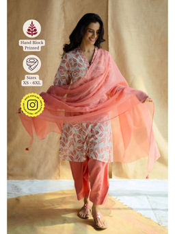 The Indian Ethnic Co. - Coral Hand Block Printed Slub Cotton Kurta