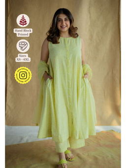 The Indian Ethnic Co. - Lime Green Printed Slub Cotton Kurta