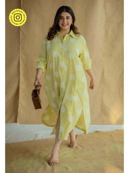 The Indian Ethnic Co. - Lime Yellow Anti-Fit Printed Slub Cotton Dress