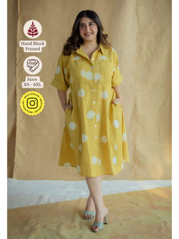The Indian Ethnic Co. - Mustard A-Line Printed Slub Cotton Dress