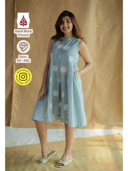 The Indian Ethnic Co. - Sky Blue A Line Printed Slub Cotton Dress