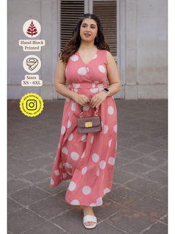 The Indian Ethnic Co. - Peach A-Line Printed Slub Cotton Dress