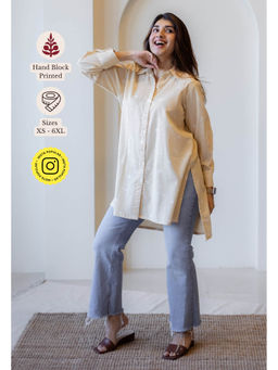 The Indian Ethnic Co. - Beige A-Line Handblock Printed Slub Cotton Tunic