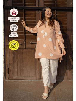 The Indian Ethnic Co. - Peach A-Line Handblock Printed Slub Cotton Tunic