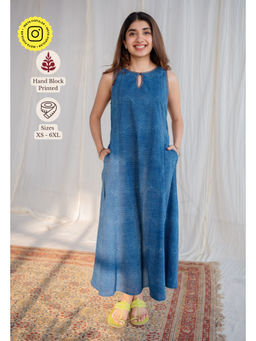 The Indian Ethnic Co. - Blue A-Line Dabu Printed Cotton Embroidered Dress