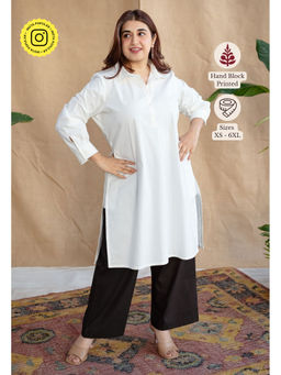The Indian Ethnic Co. - White Loose Poplin Cotton Embroidered Kurta