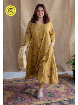 The Indian Ethnic Co. - Mustard A-Line Ajrakh Print Mul Cotton Kurta with Lining (Set of 2)