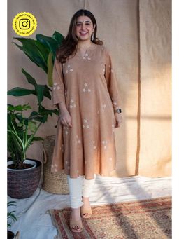 The Indian Ethnic Co. - Light Brown Dabu Printed Slub Cotton Kali Kurta
