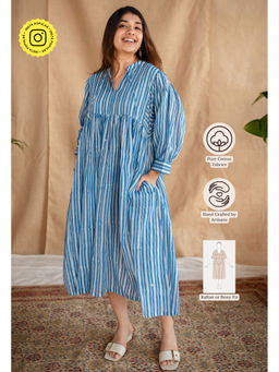 The Indian Ethnic Co. - Blue Batik Natural Dyed Handblock Printed Mulmul Cotton Dress