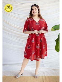 The Indian Ethnic Co. - Madder A-Line Ajrakh Handblock Printed Cotton Maroon Dress