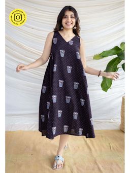 The Indian Ethnic Co. - Black A-Line Ajrakh Handblock Printed Cotton Dress