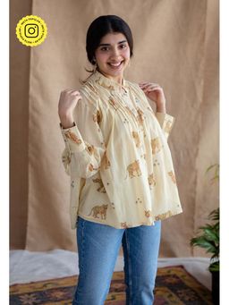 The Indian Ethnic Co. - Yellow Loose Ajrakh Handblock Printed Mul Cotton Shirt