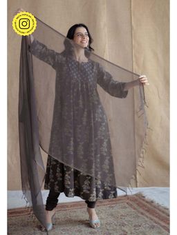 The Indian Ethnic Co. - Charcoal Solid Kota Doria Cotton Dupatta