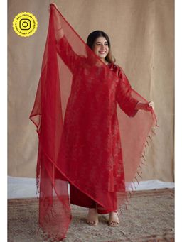 The Indian Ethnic Co. - Red Solid Kota Doria Cotton Dupatta