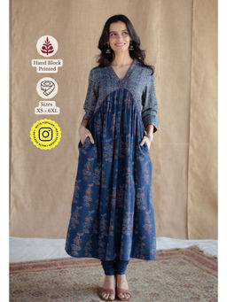 The Indian Ethnic Co. - Indigo A-Line Ajrakh Hand block Printed Cotton Anarkali Kurta