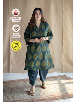 The Indian Ethnic Co. - Green Straight Ajrakh Hand block Printed Cotton Kurta