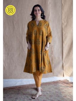 The Indian Ethnic Co. - Mustard Loose Ajrakh Hand Embroidery Cotton Kurta