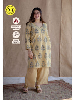 The Indian Ethnic Co. - Yellow Straight Ajrakh Hand block Printed Cotton Kurta