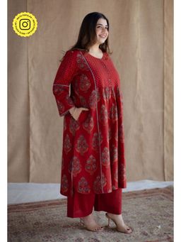 The Indian Ethnic Co. - Maroon A-Line Ajrakh Hand block Printed Cotton Kurta