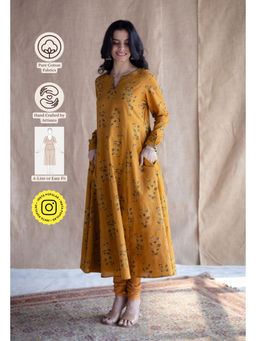 The Indian Ethnic Co. - Mustard Loose Ajrakh Hand block Printed Cotton Embroidered Kurta