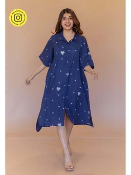 The Indian Ethnic Co. - Mahima Blue Dabu Cotton A Line Midi Dress
