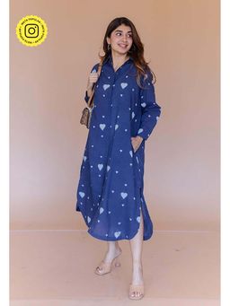 The Indian Ethnic Co. - Samiyah Blue Dabu Cotton Shirt Midi Dress