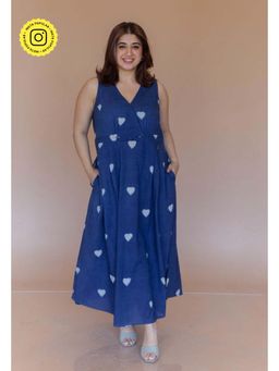 The Indian Ethnic Co. - Libha Blue Dabu Cotton A Line Dress
